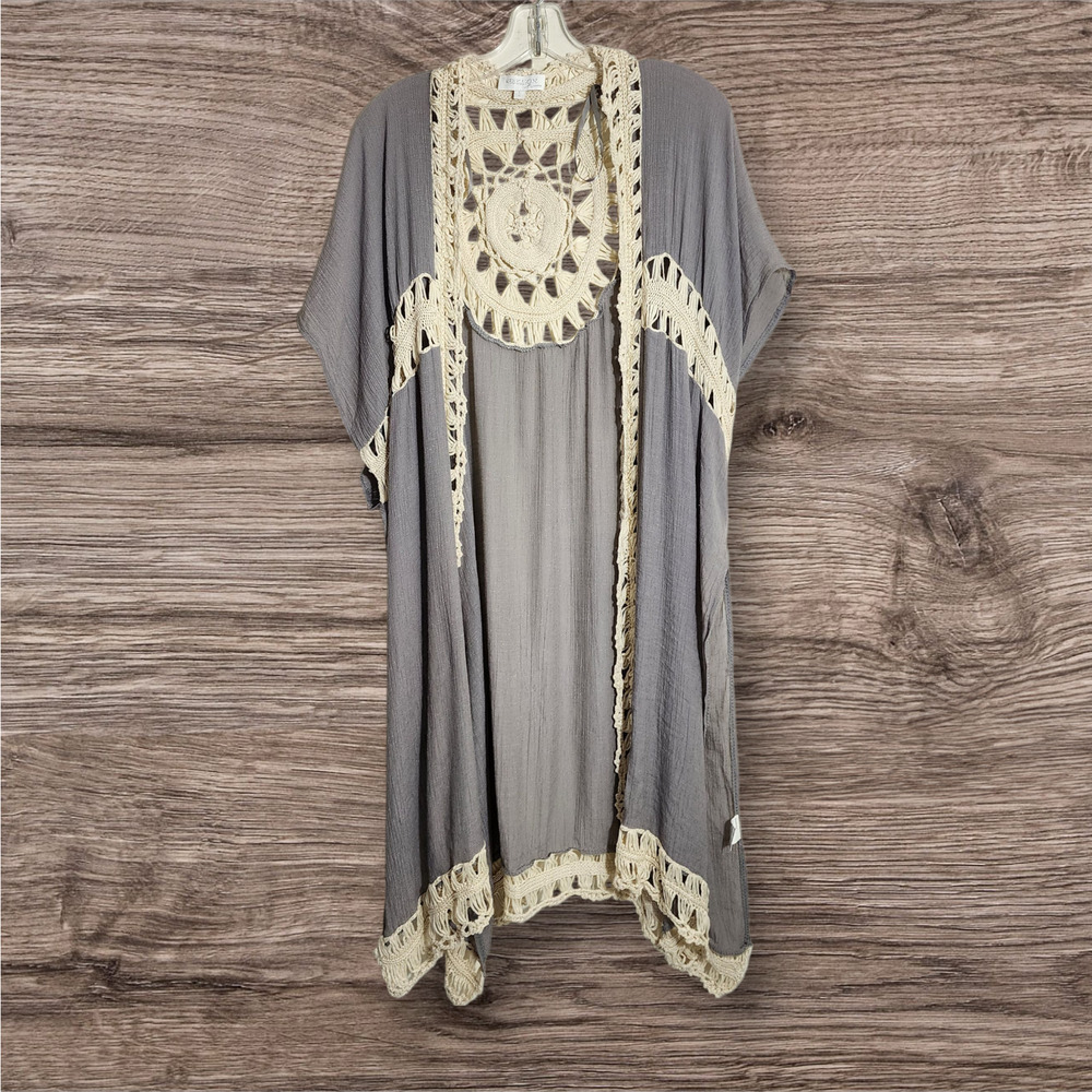 Rebellion Again crochet trim gray open front kimono / duster woman's‎ size large